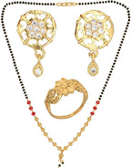 AanyaCentric Gold-Polished Jewelry Combo: Elegant Short Mangalsutra, Finger Ring, and American Diamond Earrings Set