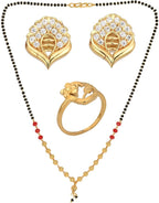 AanyaCentric Gold-Polished Jewelry Combo: Elegant Short Mangalsutra, Finger Ring, and American Diamond Earrings Set