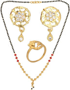 AanyaCentric Gold-Polished Jewelry Combo: Elegant Short Mangalsutra, Finger Ring, and American Diamond Earrings Set