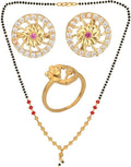 AanyaCentric Gold-Polished Jewelry Combo: Elegant Short Mangalsutra, Finger Ring, and American Diamond Earrings Set | Grab2Buy