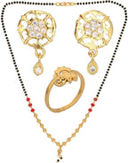 AanyaCentric Gold-Polished Jewelry Combo: Elegant Short Mangalsutra, Finger Ring, and American Diamond Earrings Set