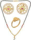 AanyaCentric Gold-Polished Jewelry Combo: Elegant Short Mangalsutra, Finger Ring, and American Diamond Earrings Set