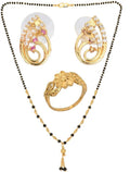 AanyaCentric Gold-Polished Jewelry Combo: Elegant Short Mangalsutra, Finger Ring, and American Diamond Earrings Set