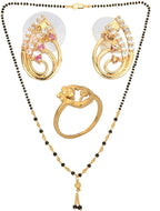 AanyaCentric Gold-Polished Jewelry Combo: Elegant Short Mangalsutra, Finger Ring, and American Diamond Earrings Set
