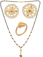 AanyaCentric Gold-Polished Jewelry Combo: Elegant Short Mangalsutra, Finger Ring, and American Diamond Earrings Set
