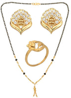 AanyaCentric Gold-Polished Jewelry Combo: Elegant Short Mangalsutra, Finger Ring, and American Diamond Earrings Set