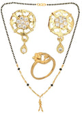 AanyaCentric Gold-Polished Jewelry Combo: Elegant Short Mangalsutra, Finger Ring, and American Diamond Earrings Set