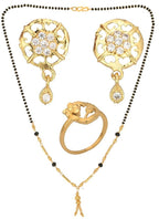 AanyaCentric Gold-Polished Jewelry Combo: Elegant Short Mangalsutra, Finger Ring, and American Diamond Earrings Set