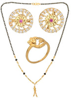 AanyaCentric Gold-Polished Jewelry Combo: Elegant Short Mangalsutra, Finger Ring, and American Diamond Earrings Set