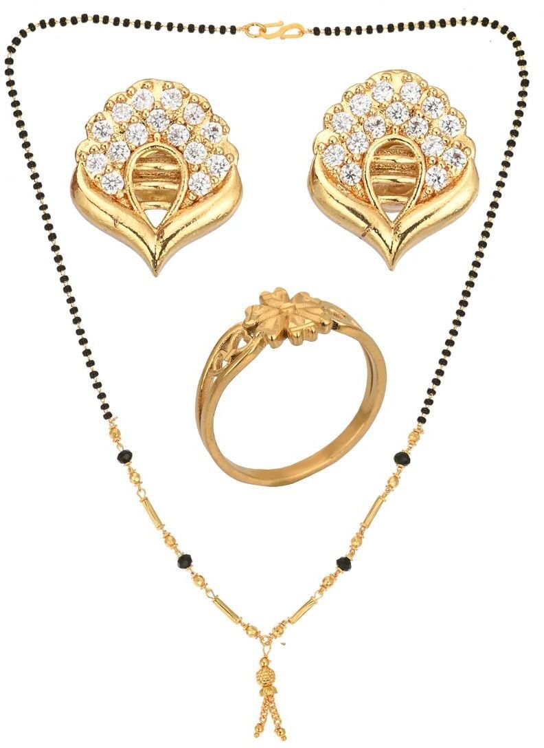 AanyaCentric Gold-Polished Jewelry Combo: Elegant Short Mangalsutra, Finger Ring, and American Diamond Earrings Set | Grab2Buy