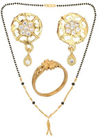AanyaCentric Gold-Polished Jewelry Combo: Elegant Short Mangalsutra, Finger Ring, and American Diamond Earrings Set
