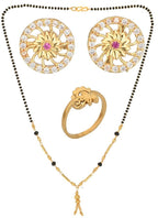 AanyaCentric Gold-Polished Jewelry Combo: Elegant Short Mangalsutra, Finger Ring, and American Diamond Earrings Set