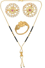 AanyaCentric Gold-Polished Jewelry Combo: Elegant Short Mangalsutra, Finger Ring, and American Diamond Earrings Set