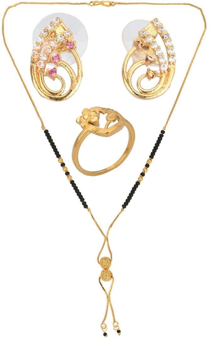 AanyaCentric Gold-Polished Jewelry Combo: Elegant Short Mangalsutra, Finger Ring, and American Diamond Earrings Set | Grab2Buy