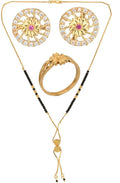 AanyaCentric Gold-Polished Jewelry Combo: Elegant Short Mangalsutra, Finger Ring, and American Diamond Earrings Set