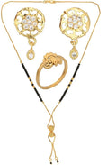 AanyaCentric Gold-Polished Jewelry Combo: Elegant Short Mangalsutra, Finger Ring, and American Diamond Earrings Set