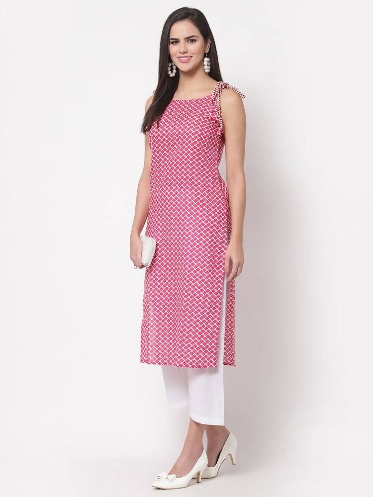 Myshka Women's Pink Printed Sleeveless Cotton Round Neck Dress | Grab2Buy