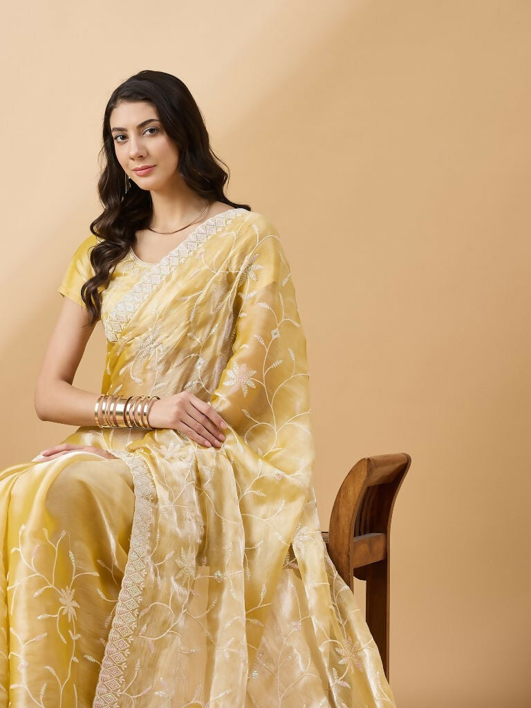 Pink Tissue Slub Embroidered Saree with Unstitched Blouse - Vairagi | Grab2Buy