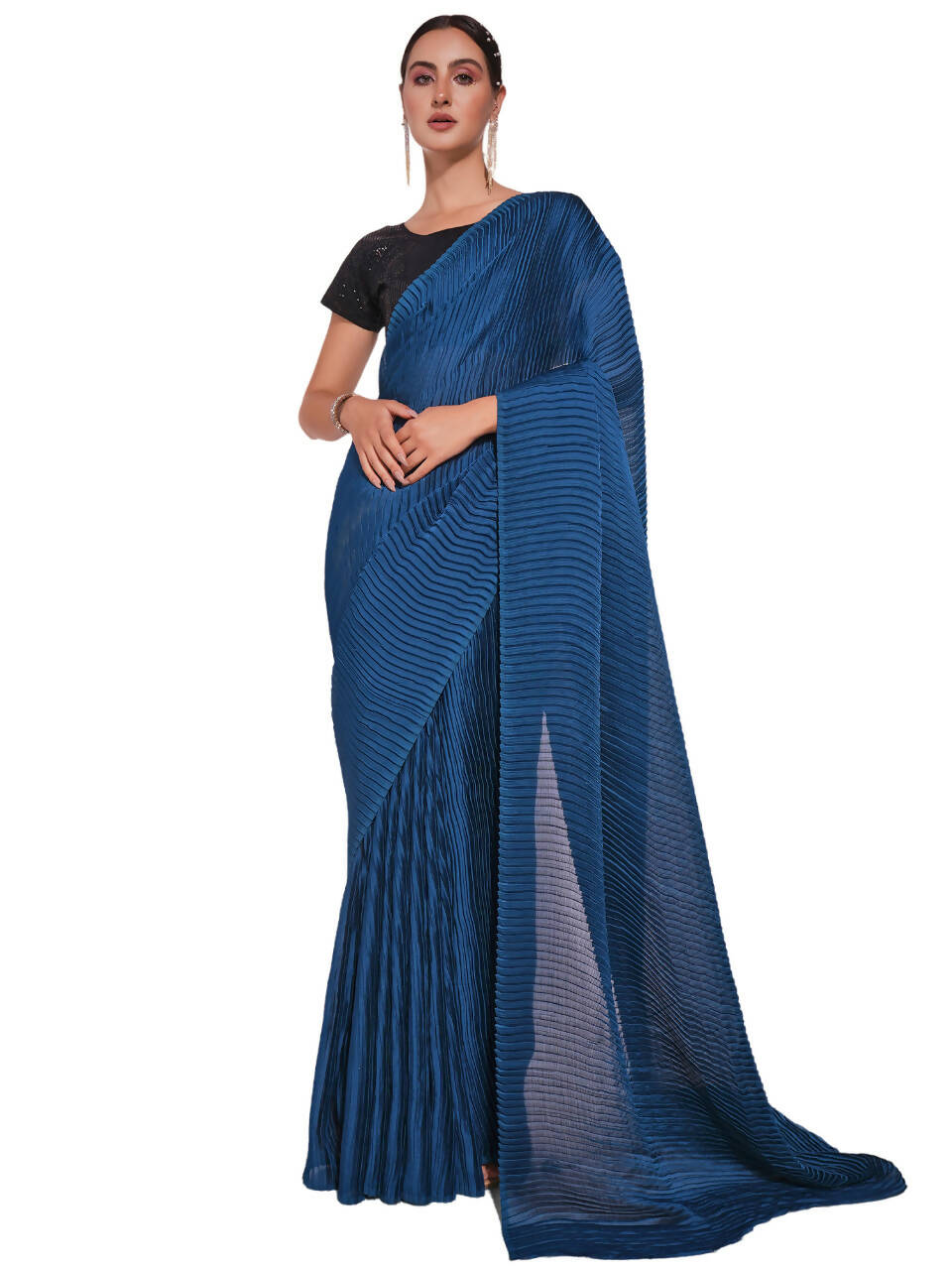 Teal Georgette Solid Texture Saree With Unstitched Blouse Piece - Rajal | Grab2Buy