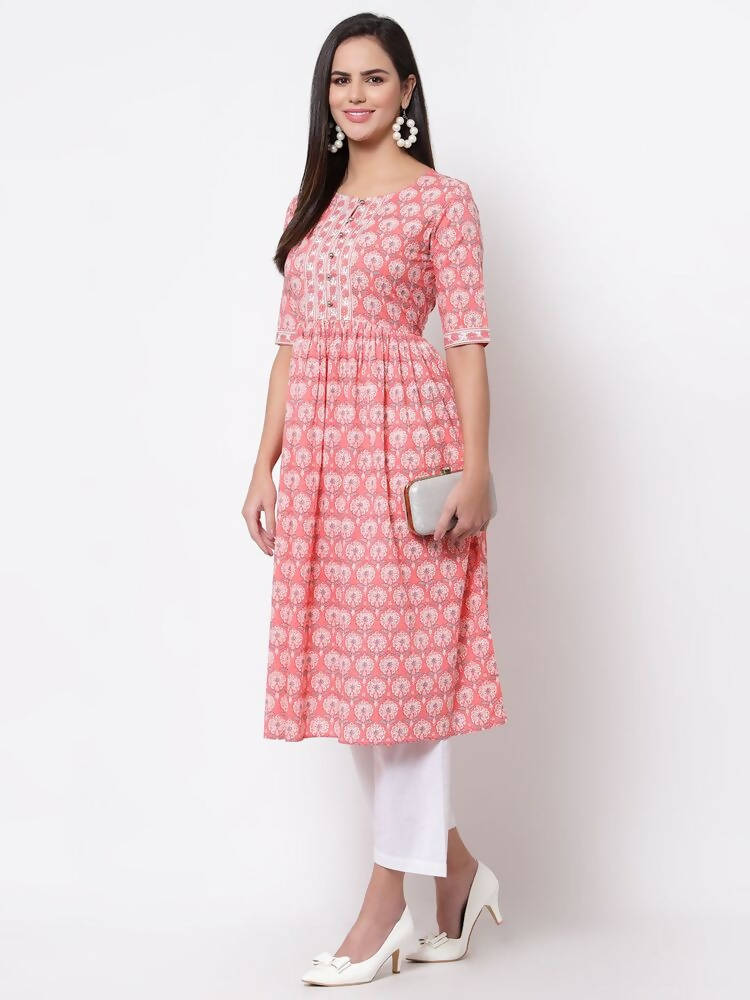 Myshka Women's Pink Printed 3/4 Sleeve Cotton Round Neck Dress | Grab2Buy