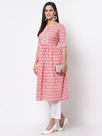 Myshka Women's Pink Printed 3/4 Sleeve Cotton Round Neck Dress | Grab2Buy