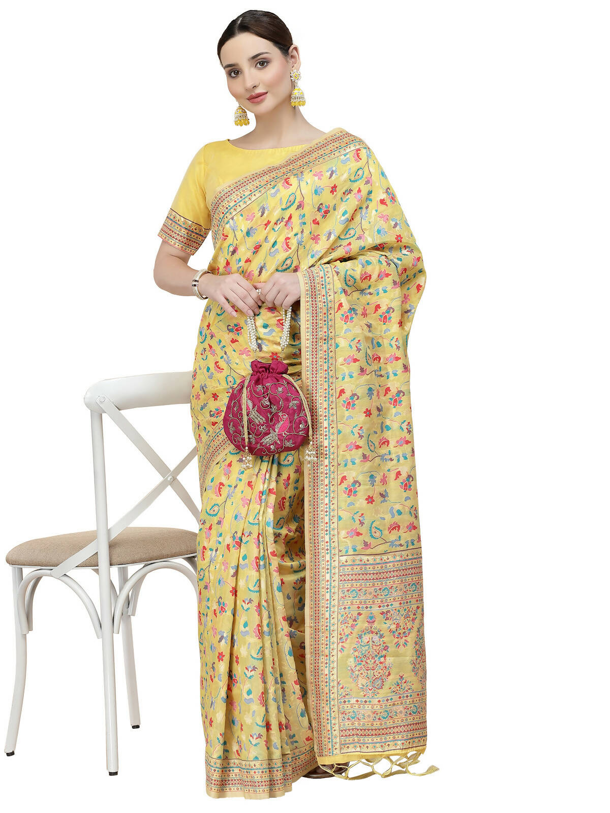 Yellow Silk Blend Woven Design Saree With Unstitched Blouse Piece - Aloki | Grab2Buy