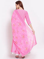 Indian Clothing Myshka Women's Pink Printed Cotton Blend 3/4 Sleeve V Neck Casual Anarkali Kurta Dupatta Set | Grab2Buy
