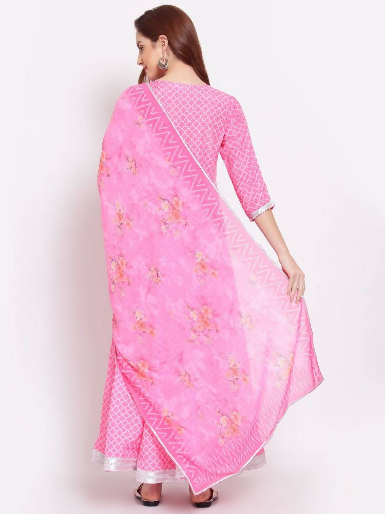 Indian Clothing Myshka Women's Pink Printed Cotton Blend 3/4 Sleeve V Neck Casual Anarkali Kurta Dupatta Set | Grab2Buy