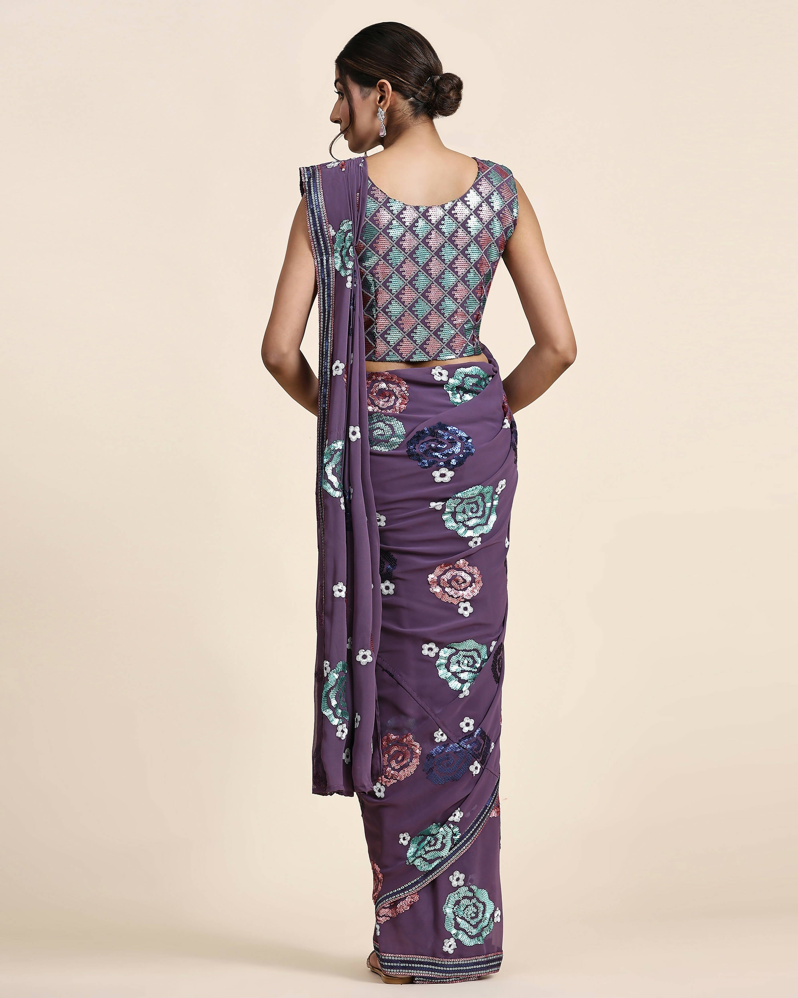 Purple Pure Georgette Sequence work Ready to wear Saree with stitched Blouse - Nirvana | Grab2Buy
