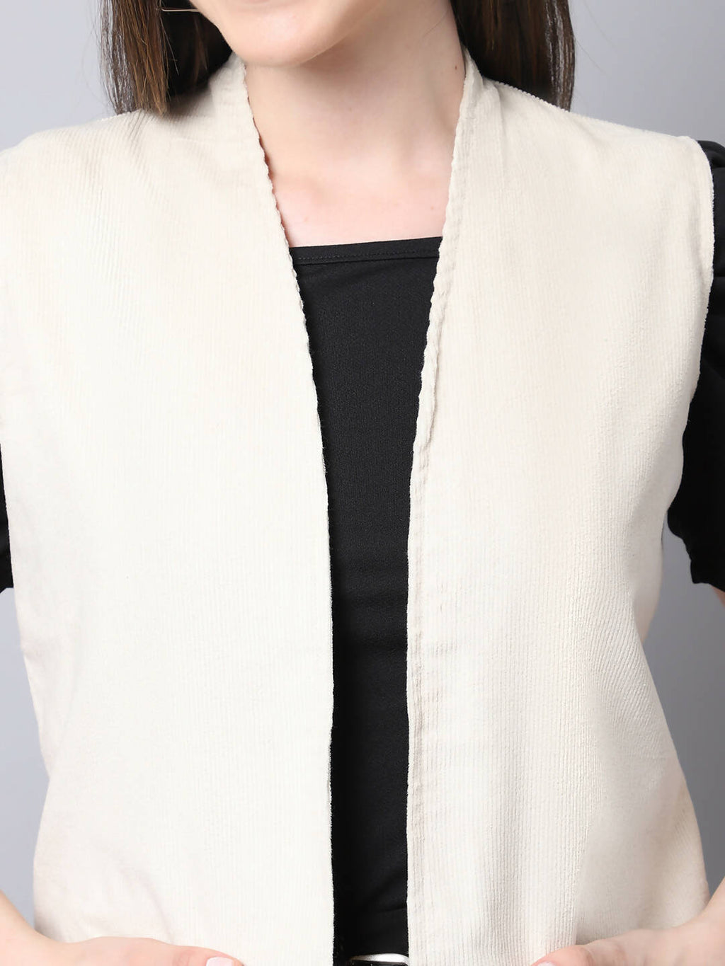 Even Apparels White Polywool Open Front Corduroy Women's Long Coat | Grab2Buy