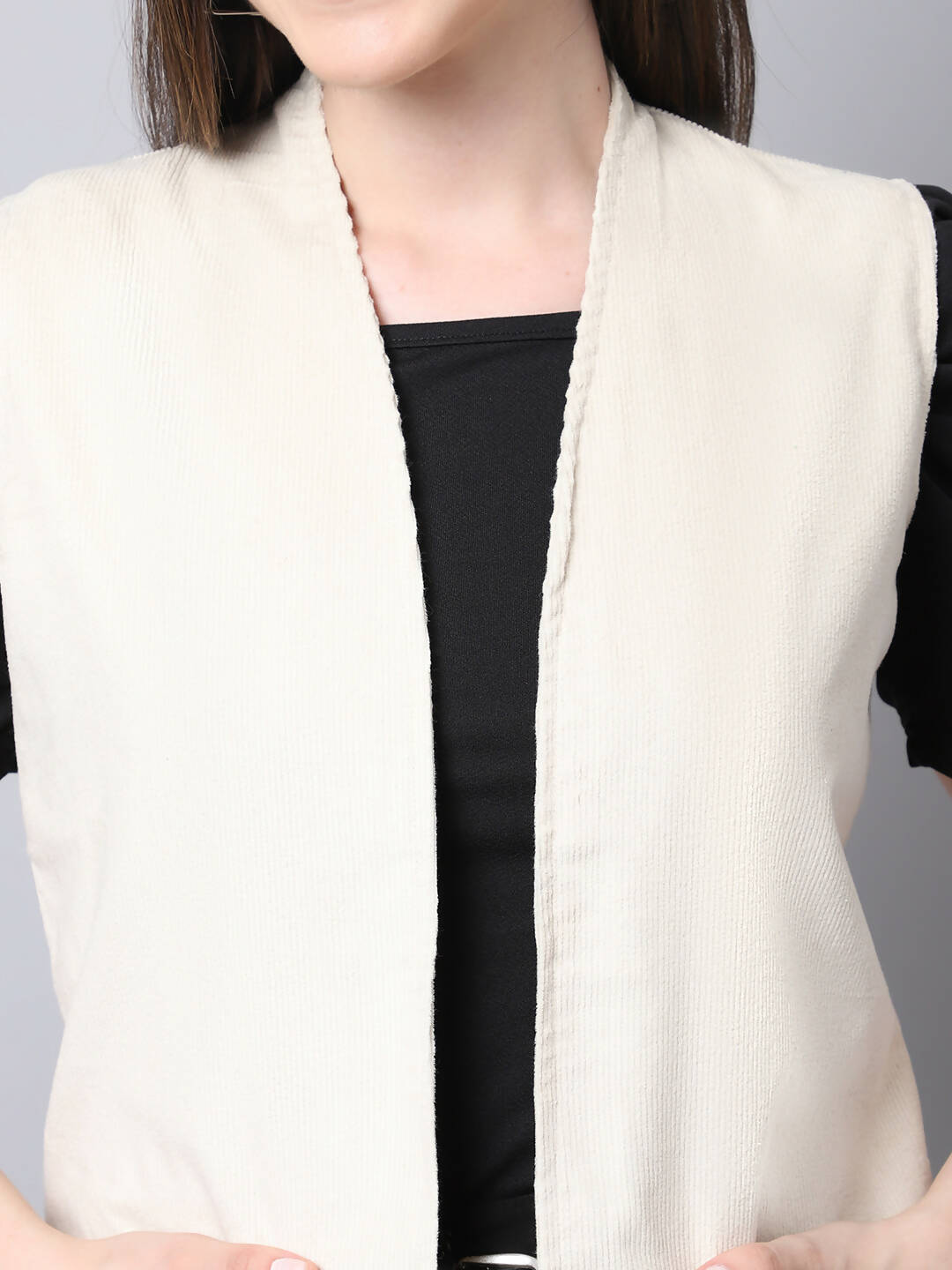 Even Apparels White Polywool Open Front Corduroy Women's Long Coat | Grab2Buy