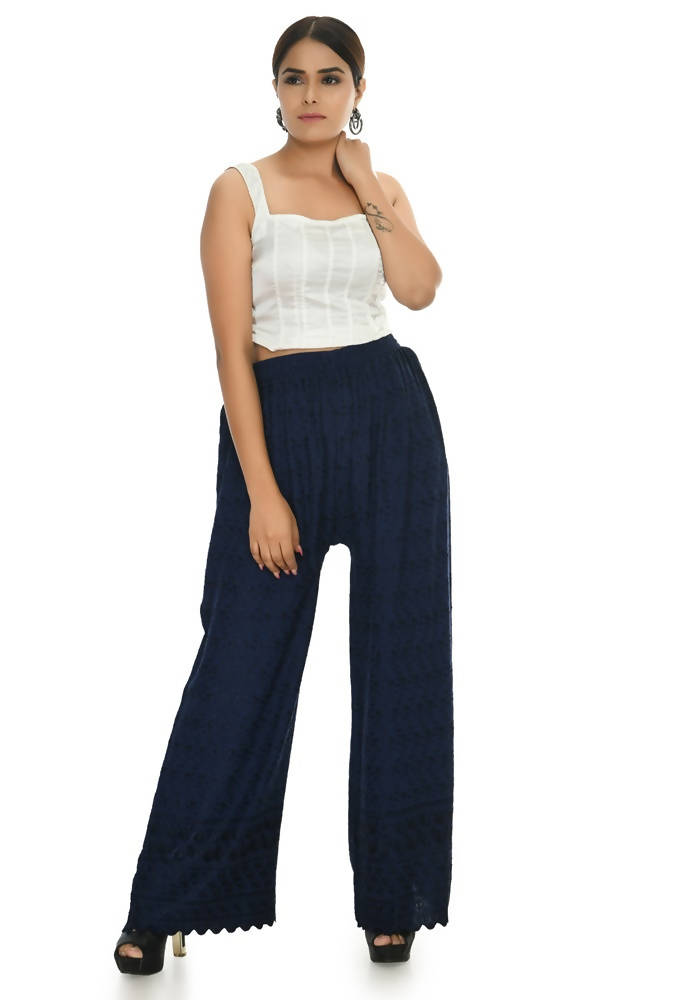 Mominos Fashion Moeza Reyon Cotton Navy Blue Chikan Work Palazzo | Grab2Buy