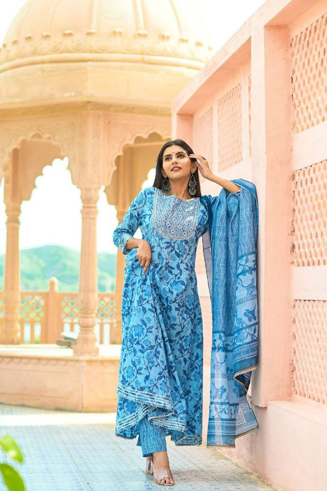 Yufta Women Blue Floral print Pure Cotton Anarkali Kurta with Trouser and Dupatta | Grab2Buy