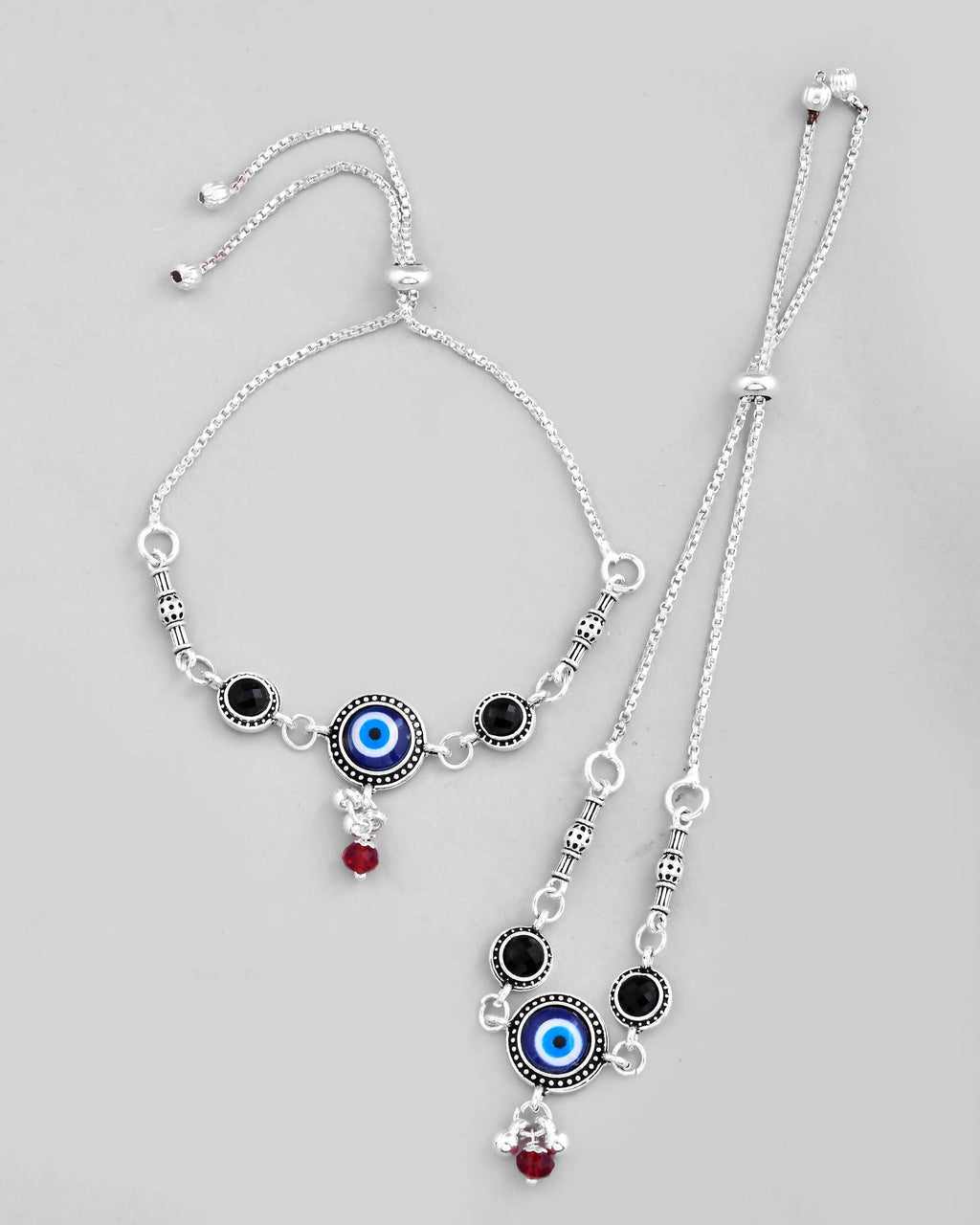 VOJ Set of 2 Silver Plated Evil Eye HandCrafted Adjustable Anklet