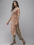 Yufta Women Beige Ethnic motifs Printed Kurta with Trouser & With Dupatta | Grab2Buy