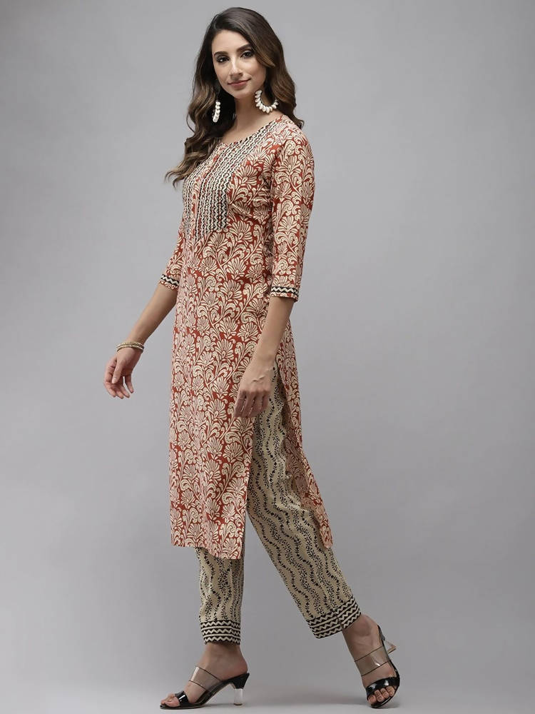 Yufta Women Beige Ethnic motifs Printed Kurta with Trouser & With Dupatta | Grab2Buy