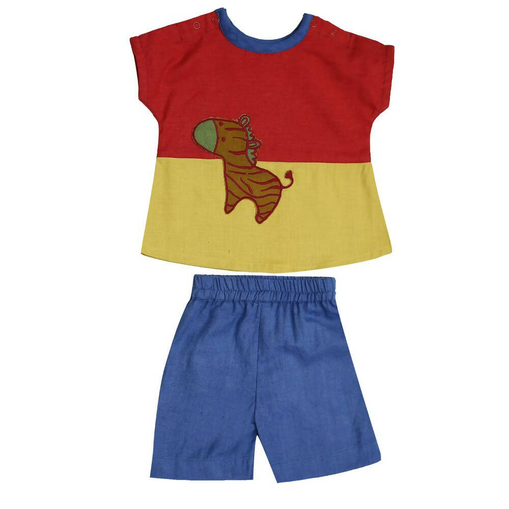 Mhyssa Morty Sleeve Red yellow T-shirt With Blue Shorts Set For Kids | Grab2Buy