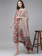 Yufta Women Maroon Pure Cotton Ethnic Motifs Printed Kurta with Palazzo & Dupatta | Grab2Buy