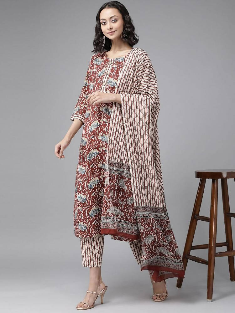 Yufta Women Maroon Pure Cotton Ethnic Motifs Printed Kurta with Palazzo & Dupatta | Grab2Buy