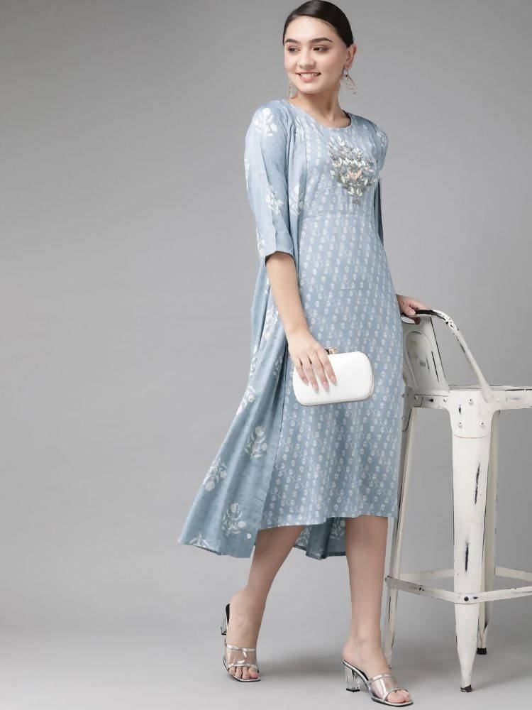 Yufta Women Blue & White Floral Printed Ethnic A-Line Midi Dress with Jacket | Grab2Buy