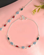VOJ Set of 2 Silver Plated Heart Shaped Stone Studded Anklet