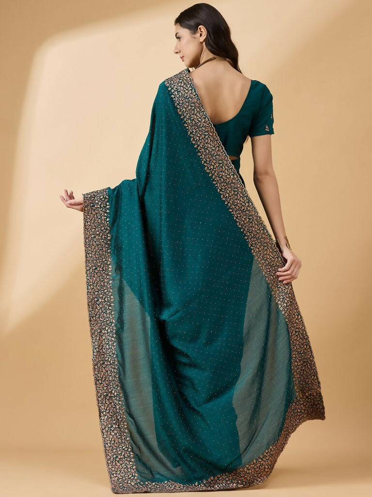 Teal Silk Blend Embroidered Saree with Unstitched Blouse - Vairagi | Grab2Buy