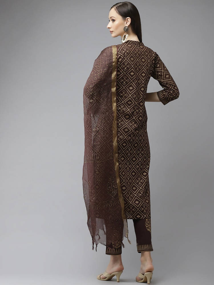 Yufta Women Brown Printed Panelled Beads and Stones Pure Cotton Kurta with Trouser & With Dupatta | Grab2Buy