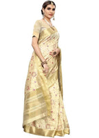 Vamika Weaving Cream Cotton Polyester Silk Saree (Kerala Floral) | Grab2Buy