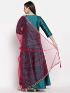 Myshka Women's Green Silk Solid 3/4 Sleeve V Neck Casual Anarkali Kurta Dupatta Set | Grab2Buy