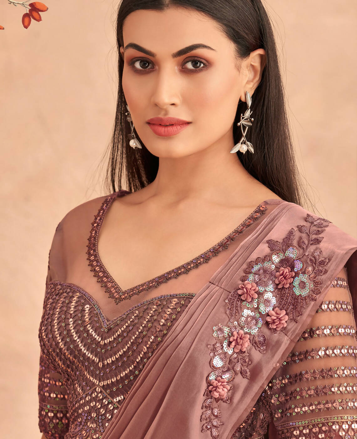 Dark Mauve Satin Embroidered Ready To Wear Saree With Unstitched Blouse Piece - Nandika | Grab2Buy
