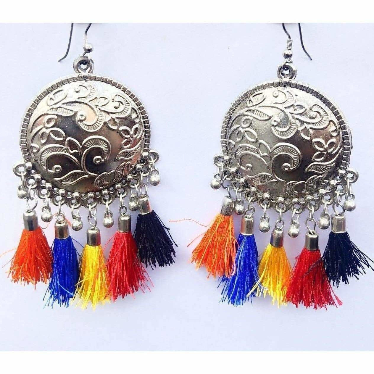 MS Fashion India Traditional Collection Chandbali Silver Multi Silk Threads Tassel Earrings | Grab2Buy