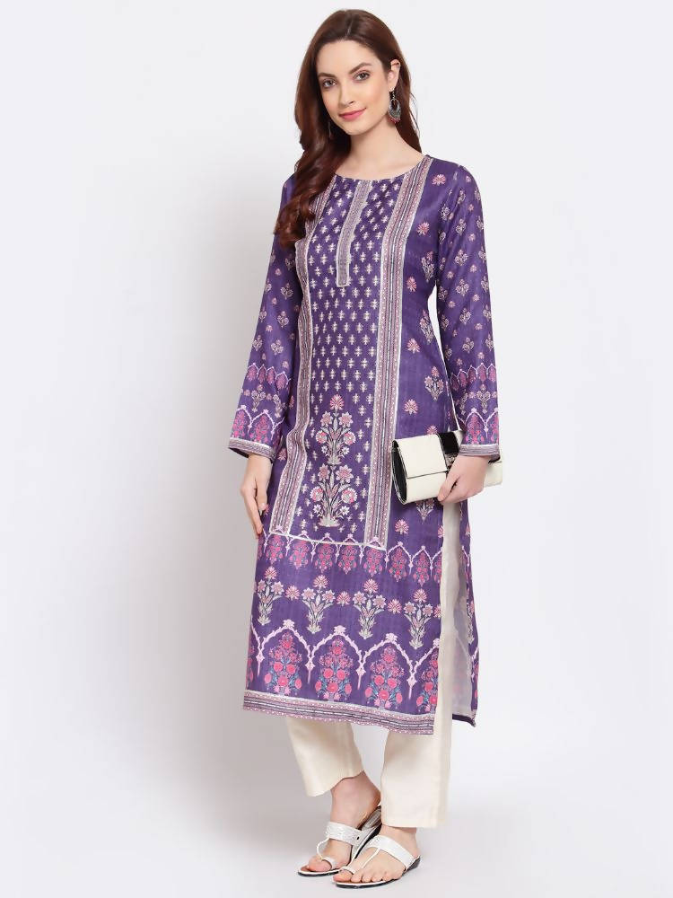 Myshka Women's Purple Printed Pashmeena Full Sleeve Round Neck Casual Kurta | Grab2Buy