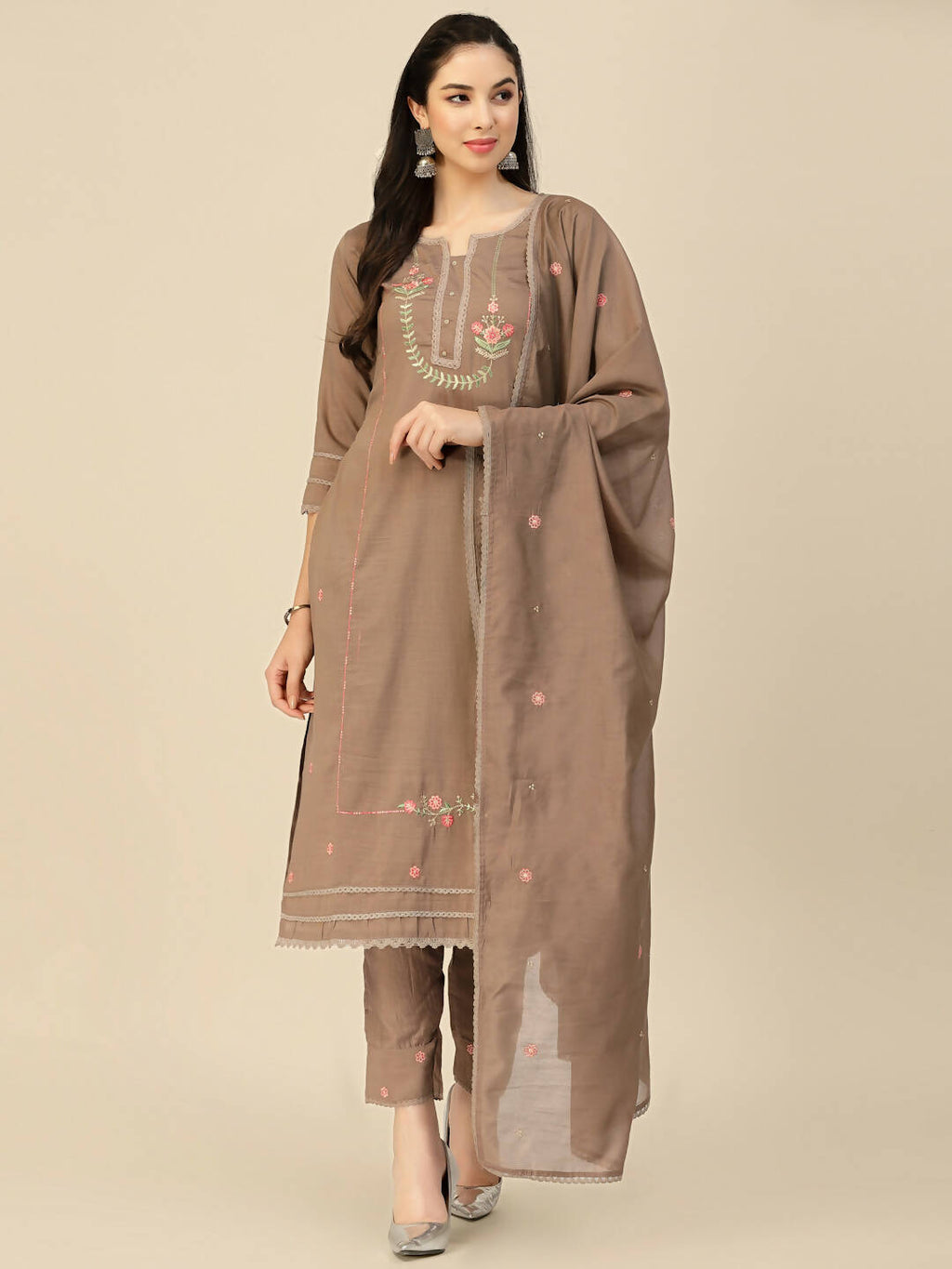 Brown Embroidered Chinon Straight Kurta With Trouser & Dupatta - Salimar | Grab2Buy