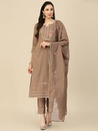 Brown Embroidered Chinon Straight Kurta With Trouser & Dupatta - Salimar | Grab2Buy